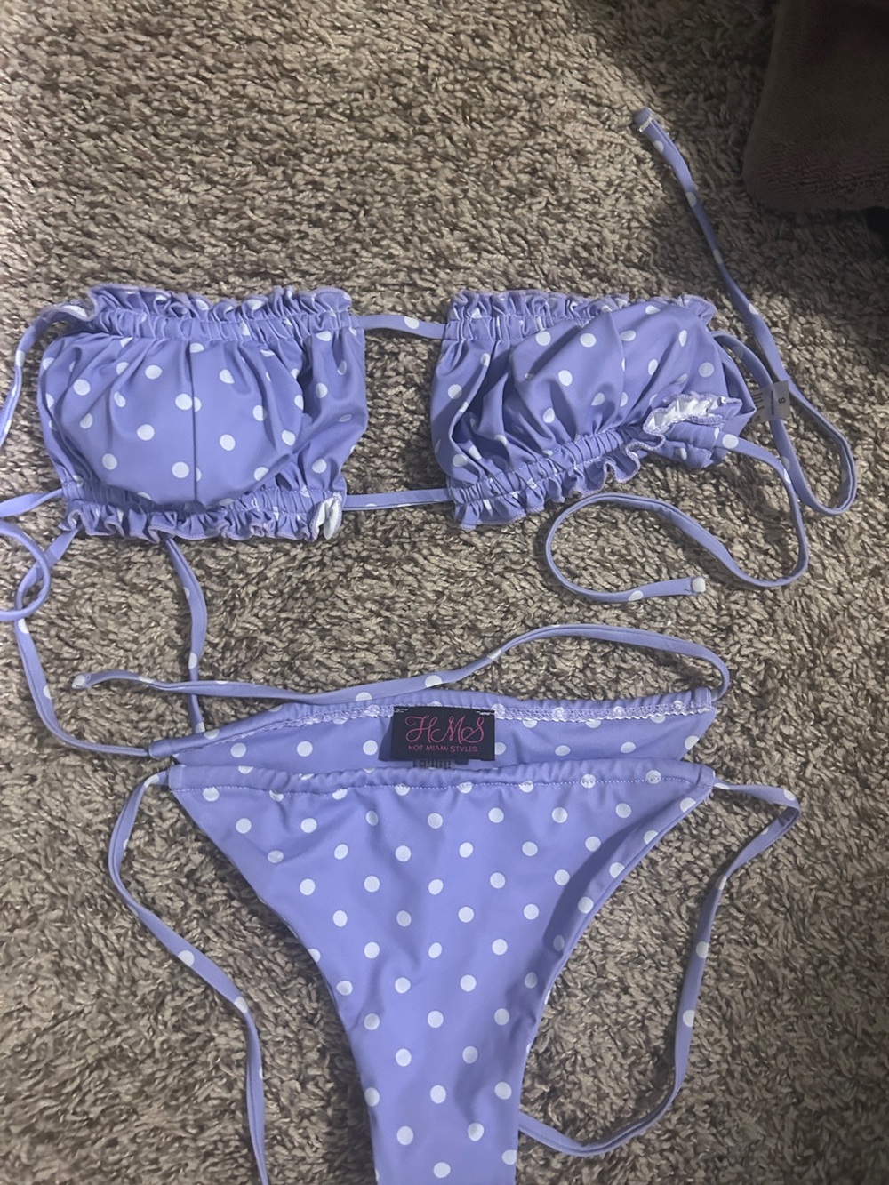 Fashion Nova Lilac Polka Dot Ruffle Tie Bikini Set